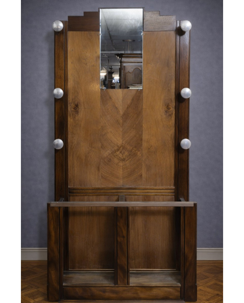 Le village de 58 brocanteurs - Vestiaire / Porte-manteau Art Déco en noyer avec miroir