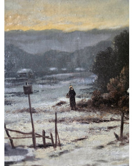Le village de 58 brocanteurs - Tableau ancien – Paysage d’hiver animé – Signé R.T. Stuart – Huile sur toile –