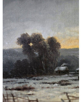 Le village de 58 brocanteurs - Tableau ancien – Paysage d’hiver animé – Signé R.T. Stuart – Huile sur toile –