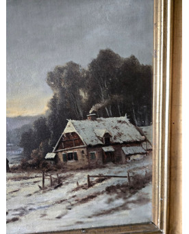 Le village de 58 brocanteurs - Tableau ancien – Paysage d’hiver animé – Signé R.T. Stuart – Huile sur toile –