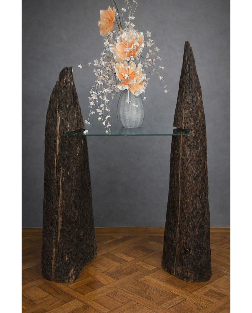 Le village de 58 brocanteurs - Rare Console Design bois sculpté et plateau en verre – H 125 x L 100 x P 28 cm