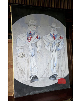 Le village de 58 brocanteurs - Immense Huile sur toile – Scène Art Déco – Deux élégants au chapeau - seconde moitié XXeme