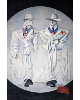Le village de 58 brocanteurs - Immense Huile sur toile – Scène Art Déco – Deux élégants au chapeau - seconde moitié XXeme