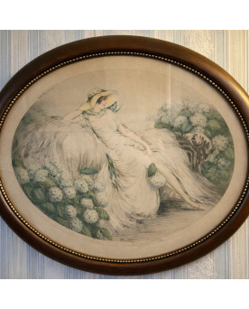 Le village de 58 brocanteurs - Louis Icart : Estampe / Gravure Art Nouveau – Femme aux hortensias