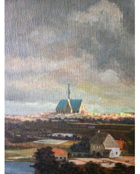 Le village de 58 brocanteurs - Huile sur toile – Paysage Hollandais animé dans le goût de Ruisdael - XXeme