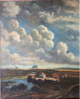 Le village de 58 brocanteurs - Huile sur toile – Paysage Hollandais animé dans le goût de Ruisdael - XXeme
