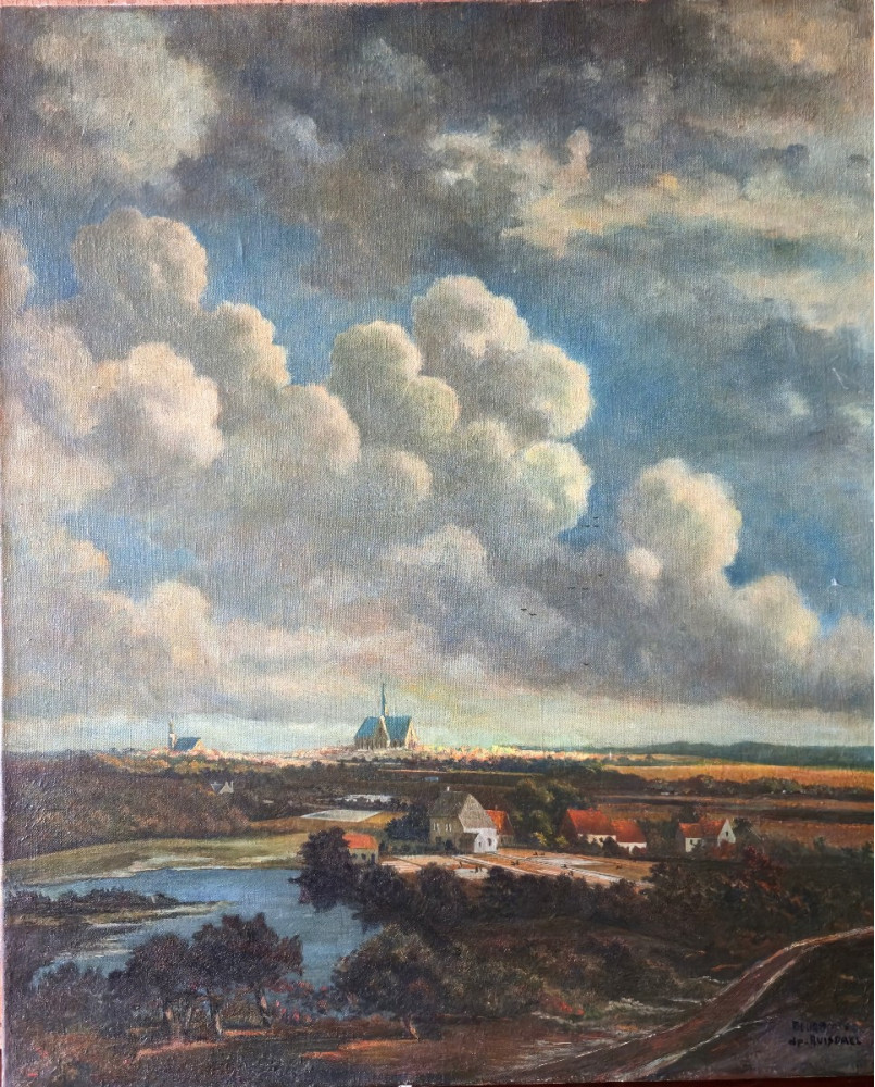 Le village de 58 brocanteurs - Huile sur toile – Paysage Hollandais animé dans le goût de Ruisdael - XXeme