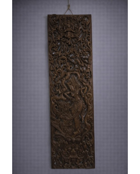 Le village de 58 brocanteurs - Panneau sculpté en bois – Décor balinais / asiatique – 100 x 28 cm - XXeme