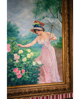 Le village de 58 brocanteurs - Immense Huile sur toile – Jeune femme aux roses - époque Art Nouveau – Trés Grand format
