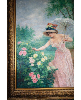 Le village de 58 brocanteurs - Immense Huile sur toile – Jeune femme aux roses - époque Art Nouveau – Trés Grand format