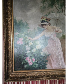 Le village de 58 brocanteurs - Immense Huile sur toile – Jeune femme aux roses - époque Art Nouveau – Trés Grand format