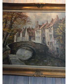 Le village de 58 brocanteurs - Paul Servais – Tableau ancien – Huile sur toile – vue d'un quartier de Bruges - XXeme