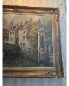 Le village de 58 brocanteurs - Paul Servais – Tableau ancien – Huile sur toile – vue d'un quartier de Bruges - XXeme