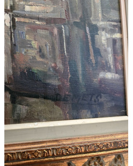 Le village de 58 brocanteurs - Paul Servais – Tableau ancien – Huile sur toile – vue d'un quartier de Bruges - XXeme
