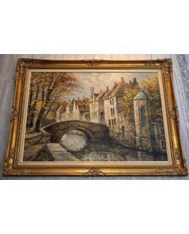 Le village de 58 brocanteurs - Paul Servais – Tableau ancien – Huile sur toile – vue d'un quartier de Bruges - XXeme