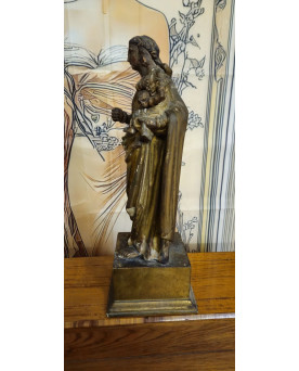 Le village de 58 brocanteurs - Statue ancienne Vierge à l’Enfant en bois sculpté polychrome et doré