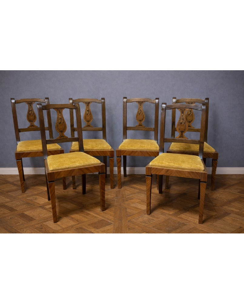 Le village de 58 brocanteurs - Suite de 6 chaises marquetées – Style Biedermeier / Restauration