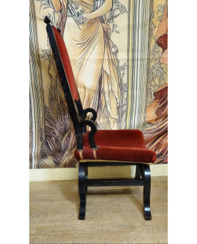 Le village de 58 brocanteurs - Fauteuil ancien style néo-Renaissance Italienne / Savonarole – Velours rouge – Bois noirci