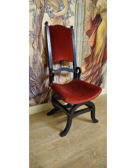 Le village de 58 brocanteurs - Fauteuil ancien style néo-Renaissance Italienne / Savonarole – Velours rouge – Bois noirci