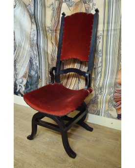 Le village de 58 brocanteurs - Fauteuil ancien style néo-Renaissance Italienne / Savonarole – Velours rouge – Bois noirci