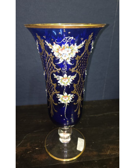 Le village de 58 brocanteurs - Grand vase en verre de Murano – bleu cobalt & décor doré – H 32 cm