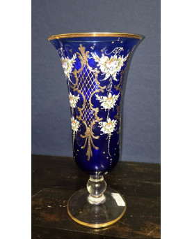 Le village de 58 brocanteurs - Grand vase en verre de Murano – bleu cobalt & décor doré – H 32 cm