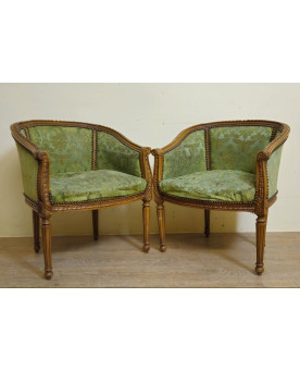 Le village de 58 brocanteurs - Paire de fauteuils anciens de style Louis XVI – tissu vert damassé