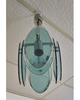 Le village de 58 brocanteurs - Nilo Veca pour Fontana Arte : Suspension design vintage en verre fumé vert & métal chromé