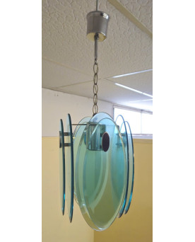 Le village de 58 brocanteurs - Nilo Veca pour Fontana Arte : Suspension design vintage en verre fumé vert & métal chromé