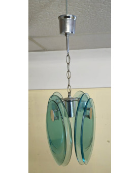 Le village de 58 brocanteurs - Nilo Veca pour Fontana Arte : Suspension design vintage en verre fumé vert & métal chromé