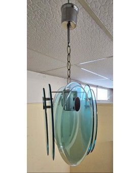 Le village de 58 brocanteurs - Nilo Veca pour Fontana Arte : Suspension design vintage en verre fumé vert & métal chromé