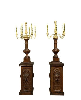 Le village de 58 brocanteurs - Paire de très grandes torchères – Terre cuite et bois doré – Décor Renaissance – H. 178 cm (B)