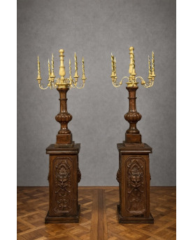 Le village de 58 brocanteurs - Paire de très grandes torchères – Terre cuite et bois doré – Décor Renaissance – H. 178 cm (B)