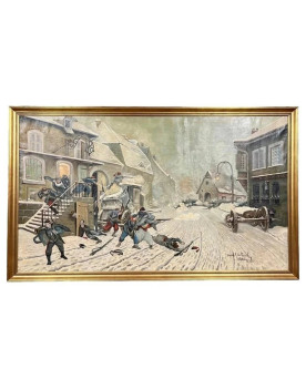 Le village de 58 brocanteurs - D’après Alphonse de Neuville par J. Véray – "L’Attaque à l’aube" (1870) / huile sur toile