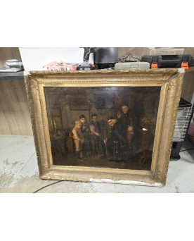 Le village de 58 brocanteurs - Huile sur toile d’après Bengt Nordenberg – Scène d’intérieur animée – Cadre doré