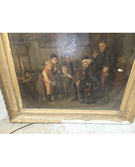 Le village de 58 brocanteurs - Huile sur toile d’après Bengt Nordenberg – Scène d’intérieur animée – Cadre doré