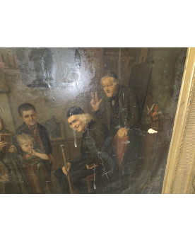 Le village de 58 brocanteurs - Huile sur toile d’après Bengt Nordenberg – Scène d’intérieur animée – Cadre doré