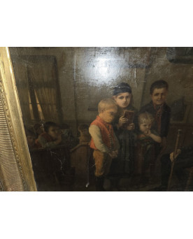 Le village de 58 brocanteurs - Huile sur toile d’après Bengt Nordenberg – Scène d’intérieur animée – Cadre doré
