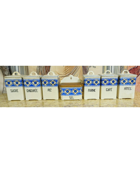 Le village de 58 brocanteurs - Ancienne série de pots à provisions en faïence – Décor bleu – ONNAING