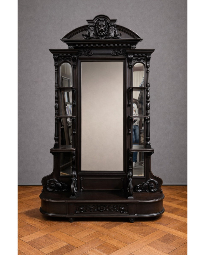 Le village de 58 brocanteurs - Grand miroir psyché ancien en bois noirci sculpté – Style Renaissance / XIXe siècle
