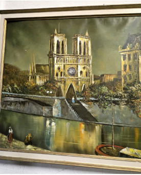 Le village de 58 brocanteurs - Grande Huile sur toile – Vue de Notre-Dame de Paris – Signée KAISER (Richard) – 67 x 100 cm
