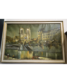 Le village de 58 brocanteurs - Grande Huile sur toile – Vue de Notre-Dame de Paris – Signée KAISER (Richard) – 67 x 100 cm