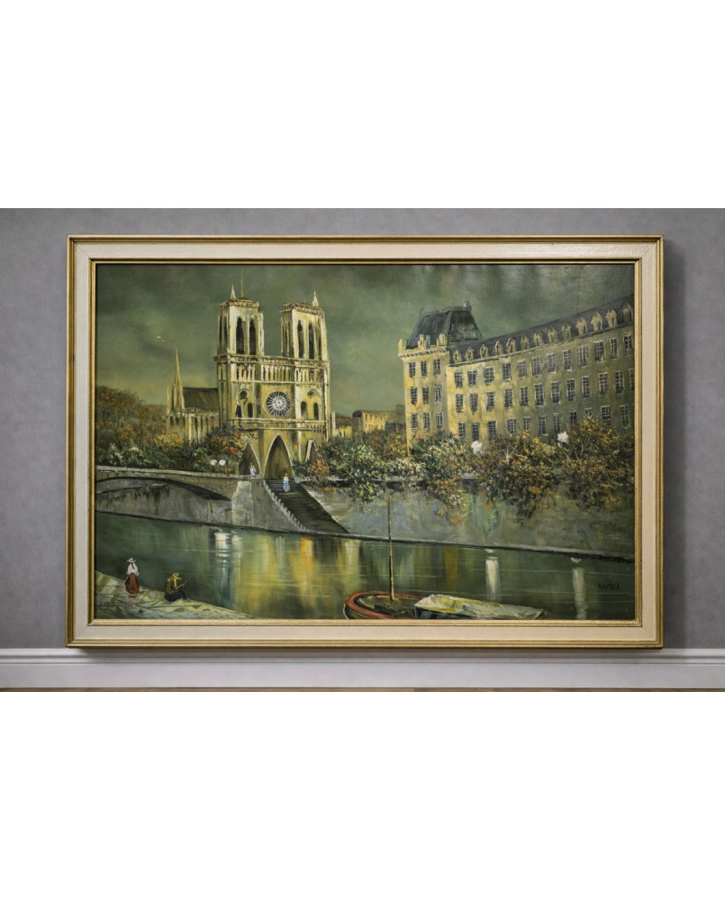 Le village de 58 brocanteurs - Grande Huile sur toile – Vue de Notre-Dame de Paris – Signée KAISER (Richard) – 67 x 100 cm