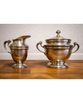 Le village de 58 brocanteurs - Service à sucre ancien en métal argenté – Style Louis XV Rocaille – Sucrier + Pot à lait