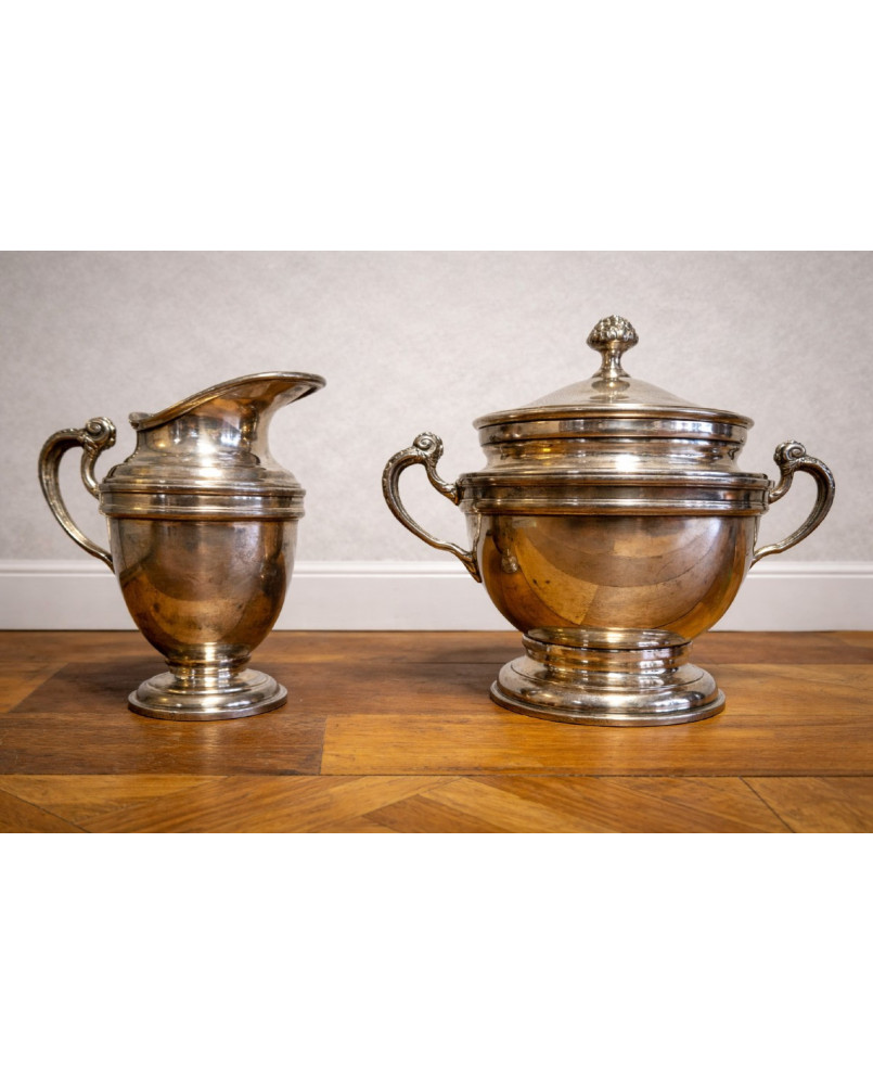 Le village de 58 brocanteurs - Service à sucre ancien en métal argenté – Style Louis XV Rocaille – Sucrier + Pot à lait