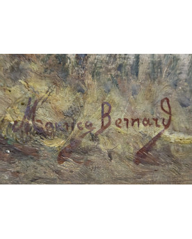 Le village de 58 brocanteurs - Huile sur toile – Signée Bernard - Paysage de rivière animé – École française XXe siècle