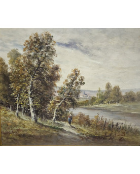 Le village de 58 brocanteurs - Huile sur toile – Signée Bernard - Paysage de rivière animé – École française XXe siècle
