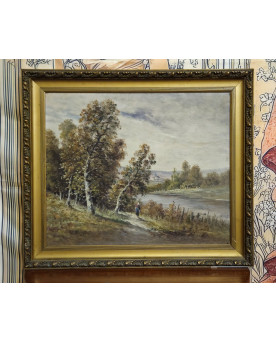 Le village de 58 brocanteurs - Huile sur toile – Signée Bernard - Paysage de rivière animé – École française XXe siècle