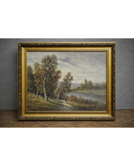 Le village de 58 brocanteurs - Huile sur toile – Signée Bernard - Paysage de rivière animé – École française XXe siècle