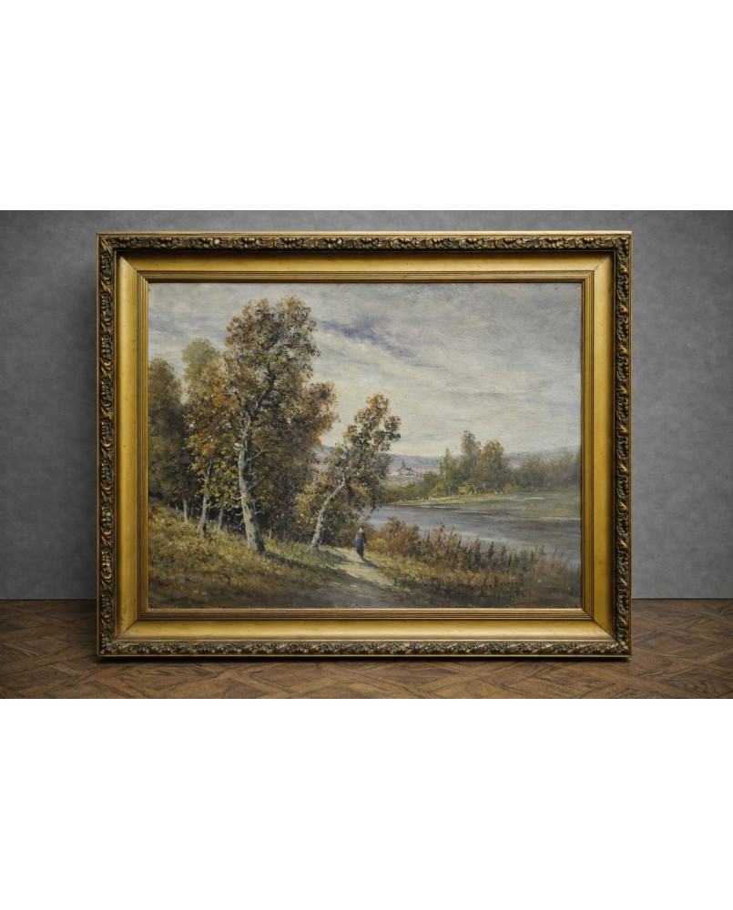 Le village de 58 brocanteurs - Huile sur toile – Signée Bernard - Paysage de rivière animé – École française XXe siècle